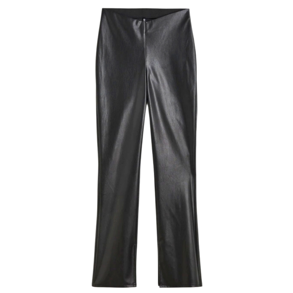 H&M Faux Leather Black Flare Slim‎ Leg High Waist Pants Split Hem Slit Sexy 8